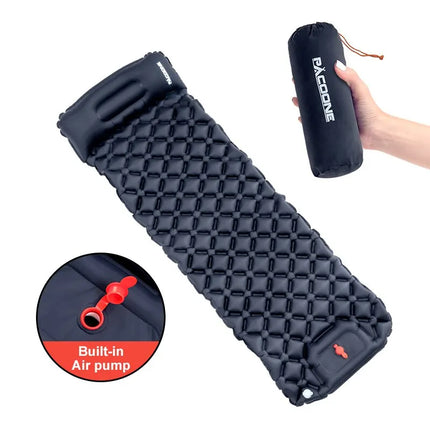 Inflatable sleeping pad with built-in air pump and carrying bag on a white background