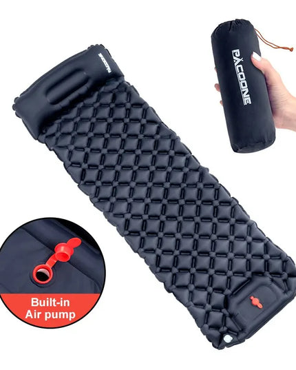 Inflatable sleeping pad with built-in air pump and carrying bag on a white background