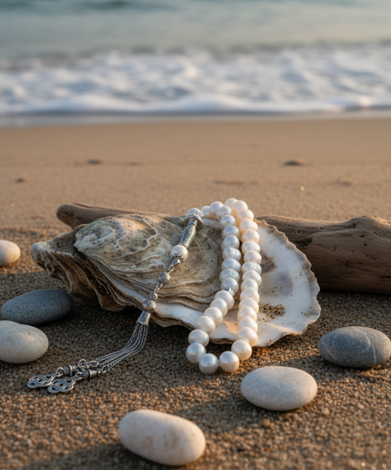 Pearl necklace and shell on a beach with ocean waves in the background