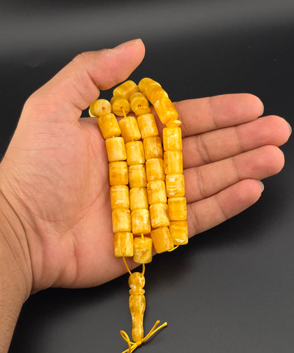 Russian Amber Tasbih – Golden Yellow Barrel Beads Set Of 2